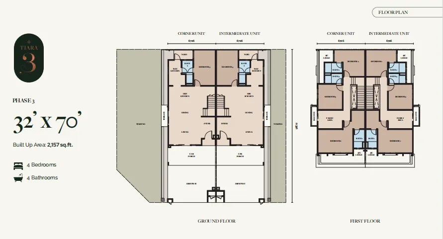 Pelan unit M Tiara Cluster House 32 kaki x 70 kaki