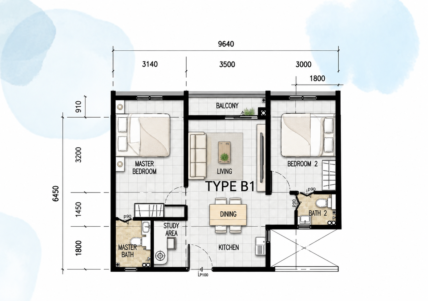 Ilustrasi AI berperabot unit Type B1 Premium Height Residence