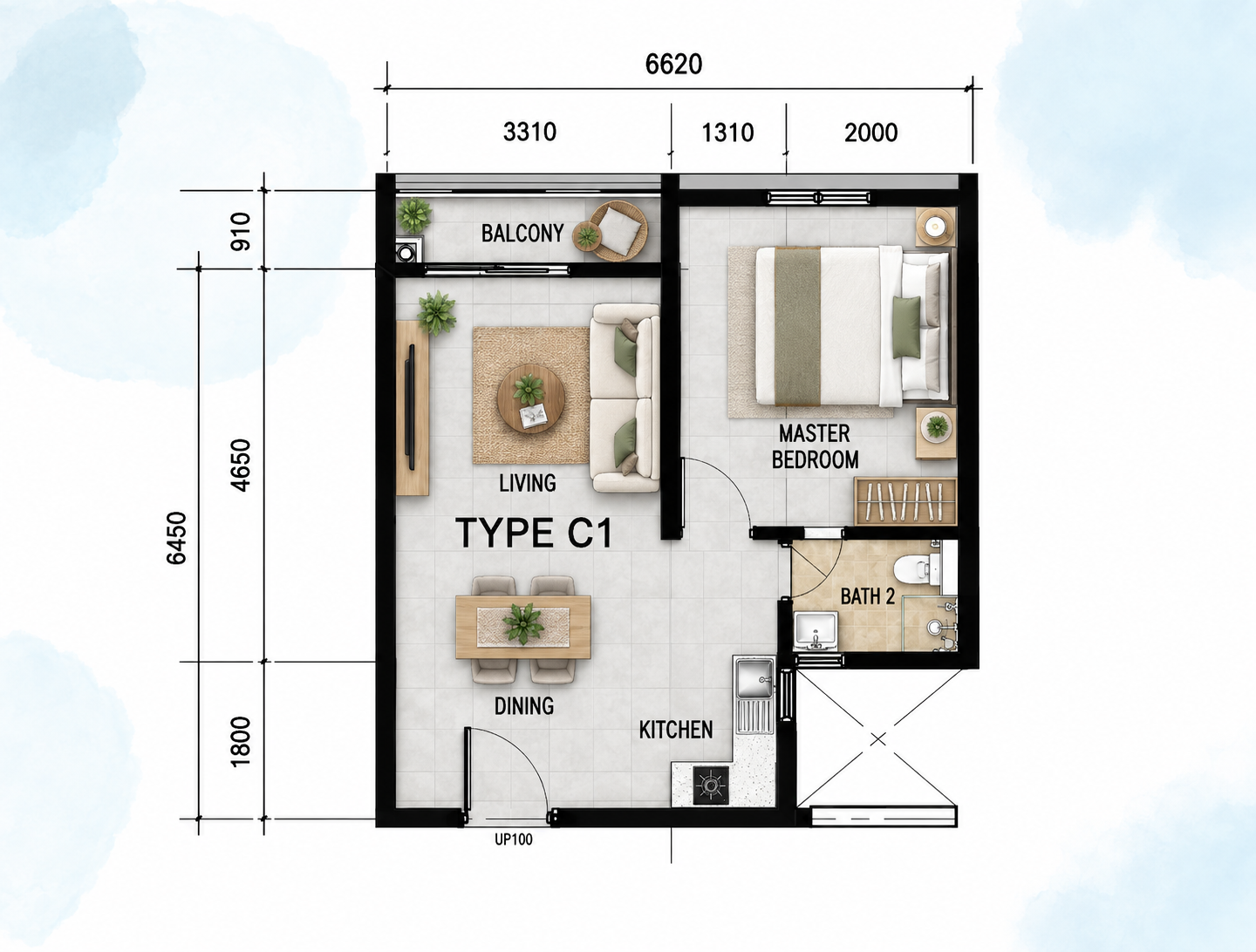 Ilustrasi AI berperabot unit Type C1 Premium Height Residence