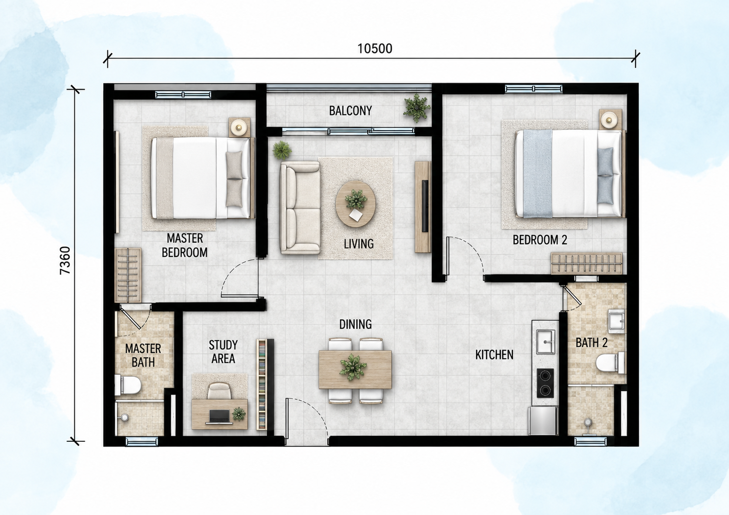 Ilustrasi berperabot Type D Premium Height Residence; rujuk pelan asal untuk butiran rasmi